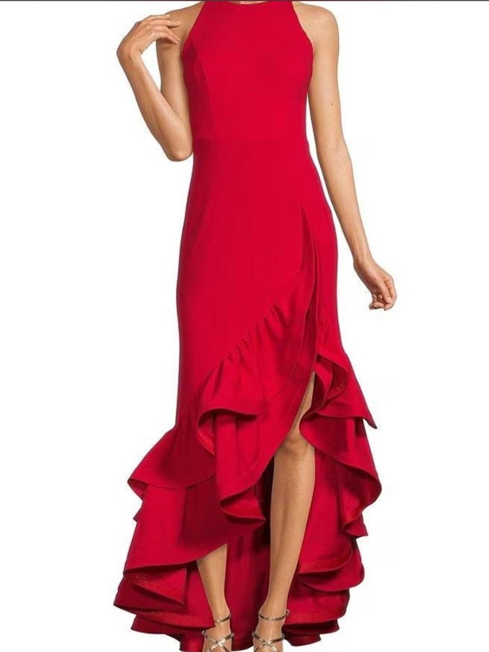 Betsy Adams Red High-Low Ruffle Halter Evening Dress